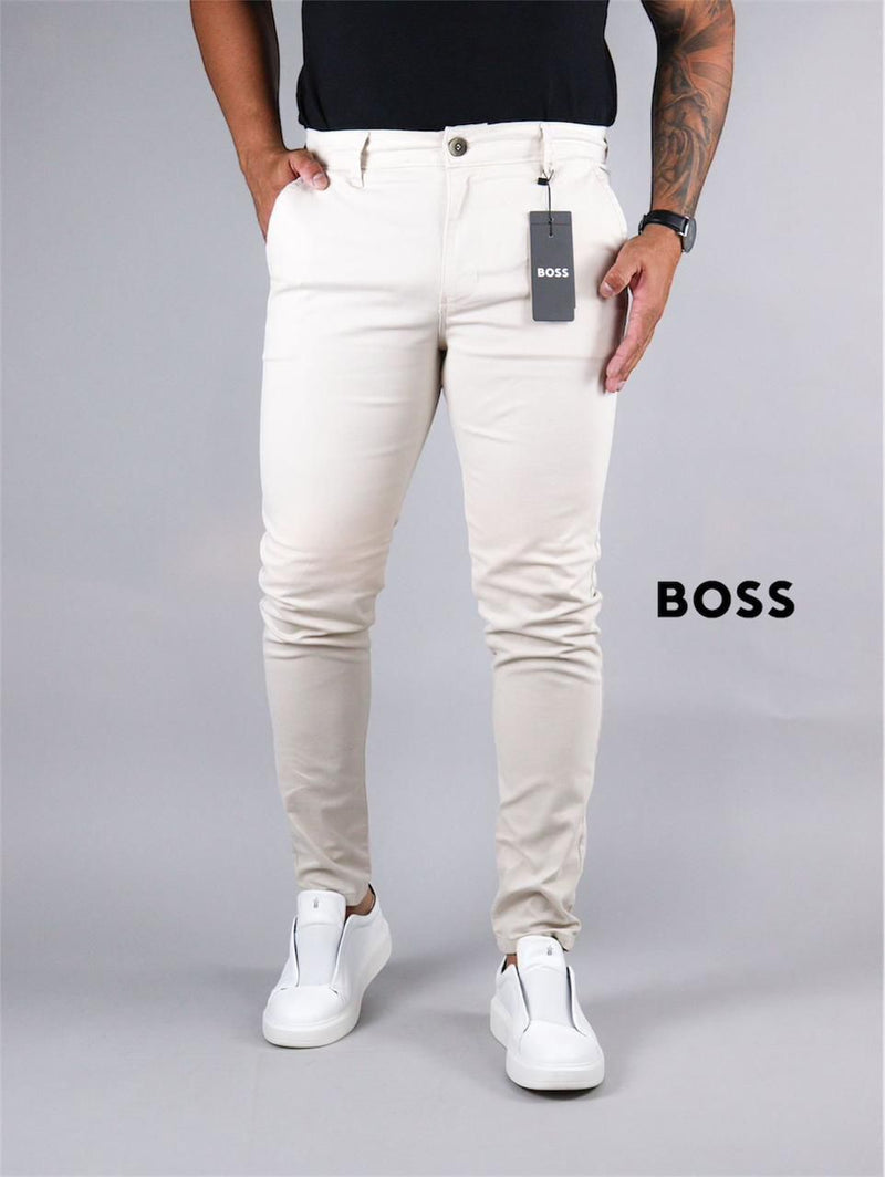 Calça Boss de Sarja Chino Stretch Slim Fit - Creme fill